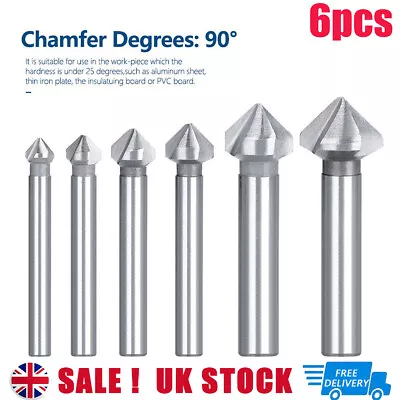 6pcs HSS Chamfering Tool Bit 3 Flute 90 Degree Countersink Drill Bit For Metal • £6.89