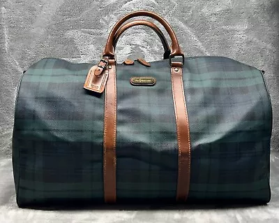 Vtg. Polo Ralph Lauren Duffle Bag Plaid Coated Canvas Leather Trim Luggage 21” • $145