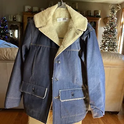 Montgomery Ward Vintage Faux Sherling Sherpa Lined Denim Barn Chore Coat -NICE!! • $68.50