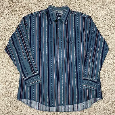Vintage 90s Wrangler Striped Mens Western Aztec Pearl Snap Button 2XL XXL Shirt • $34.95