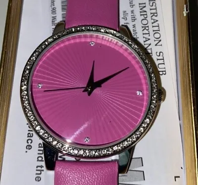 Croton Manhattan PINK Dial Crystal Accent Round Case Leather Band Watch • $14.99