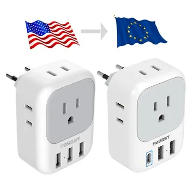 European Plug Adapter Travel Power Plug With 4 Outlets 3 USB Port To Spain Italy • $15.99