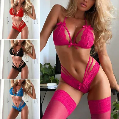 Womens Sexy Lingerie Lace Erotic Underwear Bra G-String Nightwear Sleepwear Set • £4.04