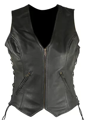 $48.99 • Buy WOMEN'S ZIP FRONT SIDE LACED BLACK LEATHER MOTORCYCLE VEST Sizes