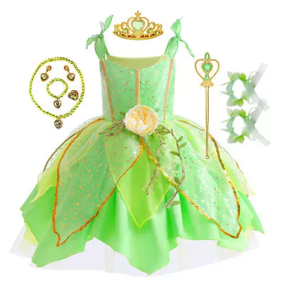 Kids Girls Tinker Bell Luxury Dress Halloween Little Elf Green Fairy Dress Up UK • £21.59