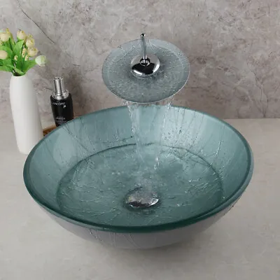 UK Art Bathroom Tempered Glass Faucet Sink Basin Tap Washing Bowl Mixer Toilet • £145