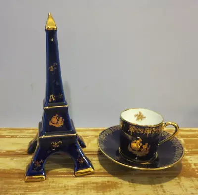 Vtg Imperia Limoges Porcelaine Blue 22K Courting Couple Demitasse & Eiffel Tower • $38