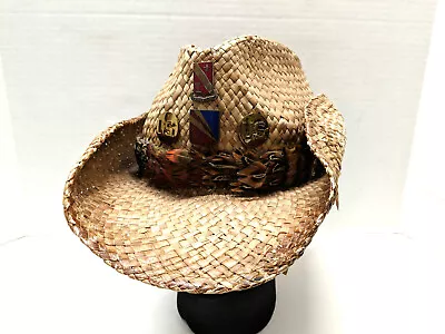 Distressed Straw Cowboy Hat 7 1/4 Shapeable Brim Feather Band W/ Vtg Pins • $27.95