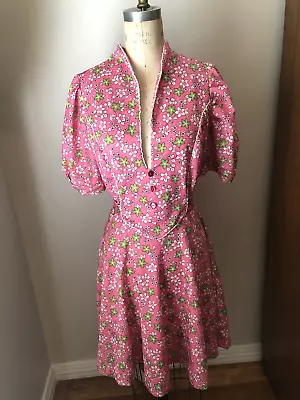 VTG 70’s Mod Baby Doll Floral Polyester Knit Mini Dress L/XL?  Pink Green • $19.99