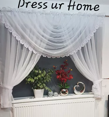 £24.99 • Buy Ready Made Voile Net Curtain With Guipure Lace And Swags Tiebacks Included