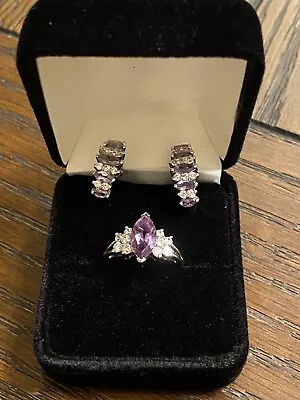 SALE Natural Purple Amethyst WTopaz 925 Sterling Silver Ring-Earring Jewelry Set • $40
