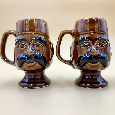 Mustache Face Mugs Brown Glaze Footed Pedestal Ceramic 4.5  • $12.75