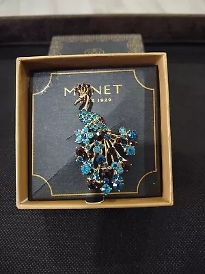 New Old Stock Monet Purple & Blues Crystal Peacock Pin / Brooch - Gold Tone • $10