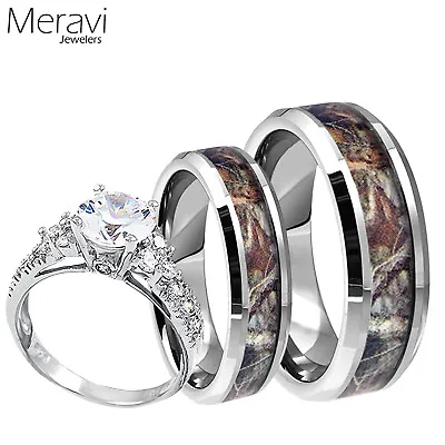 🔥Tungsten Mossy Forest Oak Camo Band 925 Sterling Silver CZ Wedding Ring Set • $49.95