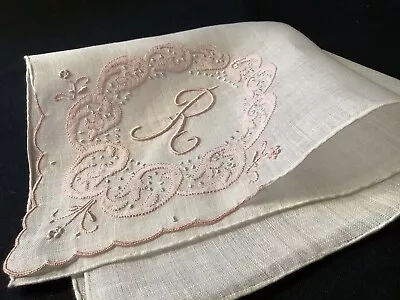 9842🌟PREMIUM Vintage 40s Madeira Bridal PINK Monogram “R” Wedding Handkerchief • $37.81