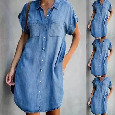 £3.99 • Buy Womens V Neck Denim Mini Shirt Dress Summer Ladies Buttons Short Sleeve Sundress