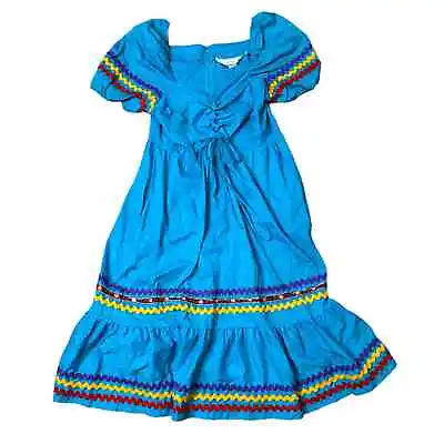 Vintage Fiesta Dress Blue Midi Cira 1970 Mexican Style 12 / Large • $60