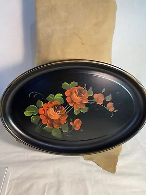 Vintage Toleware Hand Painted Metal Tray Floral Design Flowers Oval • $20