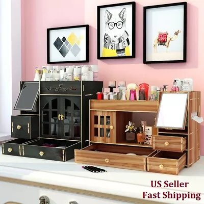 Wooden Storage Makeup Organizer Box Drawer Mirror Holder Cosmetic Display  • $22