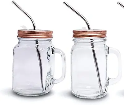 20 Oz Glass Mason Jars Mugs With Handle Regular Mouth Lids With 2 Reusable Sta • $31.19