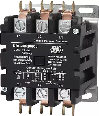 Controls 60 Amp 75 RES 3 Pole Contactor 120V Coil DP Contactor HVAC Contactor 42 • $99.88