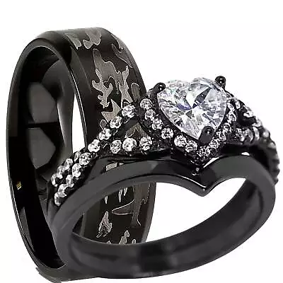 His And Her Black Wedding Ring Set Matching Couples Rings For Women Men • $49.99