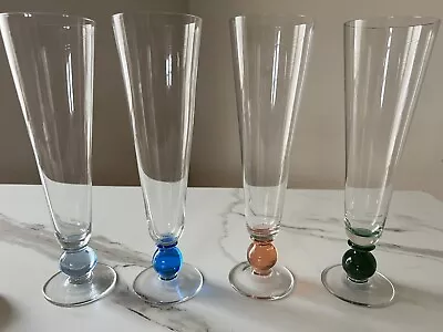 Set Of 4 Vintage Champagne Flutes Beer Glasses Colored Ball Bottoms FREE SHIP • $40