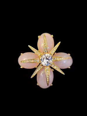 Vintage Pink Lucite Maltese Cross Pin Crystal Sunburst Gold Tone • $50