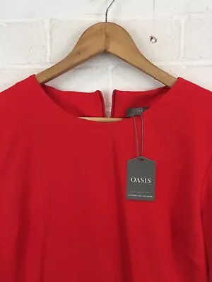 Oasis Red Short Bell Sleeve Crew Neck Zip Back Dress Size UK 14 BNWT #CE • £7.99