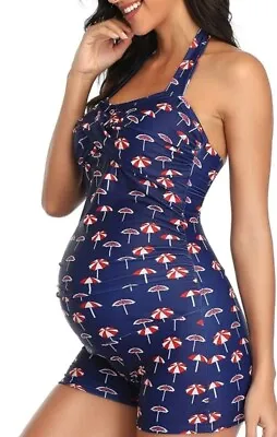 EastElegant Maternity Halter Swimsuit Boyleg Shorts Blue Umbrella Print Small • $19.99