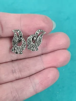 Art Deco Earrings Clip On Marcasite Vintage Sterling Silver *Stone Missing* • £8.99