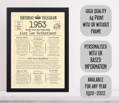 Personalised 70th Birthday Gift Mum Dad Nan Grandad Brother Sister Him Her 1953 • £7.99
