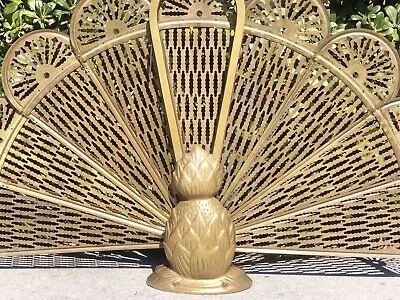 RARE Vintage Solid Brass Pineapple Fireplace Peacock Screen Midcentury Decor  • $395