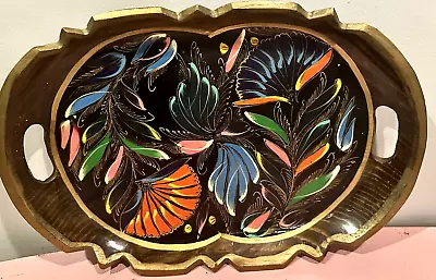 Vintage Mexican Folk Art Wooden Batea Hand Painted Carved Floral 15.5” Tray Bowl • $28