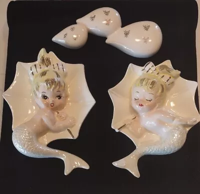 Vintage Enesco  Ceramic Mermaid W/ Unbrella And Raindrops Wall Plaque Figurines • $199.95
