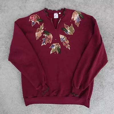 VTG Holiday Sweater Adult XL Red Embroidered Gold Trim Leaf Jerzees Sweatshirt • $19.95