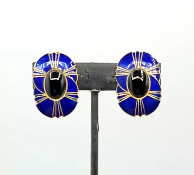 Vtg Earrings Clip MONA SO Glass Cabochon Blue Enamel Oval Jewelry • $39.99