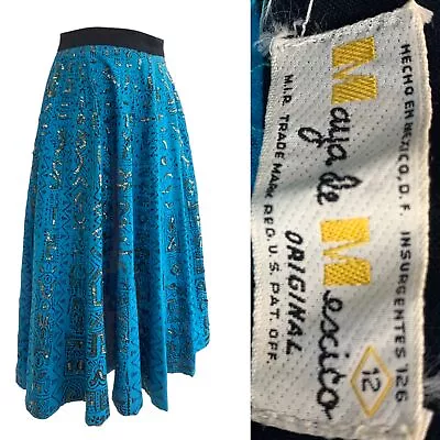 Vtg Vintage 1950s Mexican Block Print Sequin Embroidered Turquoise Circle Skirt • $167.89