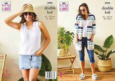 King Cole Ladies DK Knitting Pattern Vest Top & Long Striped Cardigan 5993 • £4.99