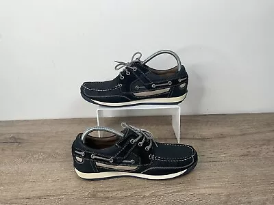 M&S Marks & Spencer Navy Leather Deck Boat Moccasin Loafers Holiday Shoes 42 UK8 • £22