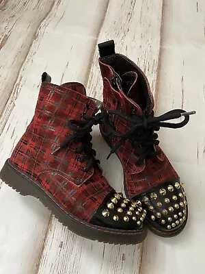 Miss Grant Red Black Plaid Combat Boot Studs Girls US 13 Italy Size 31 • $149.90