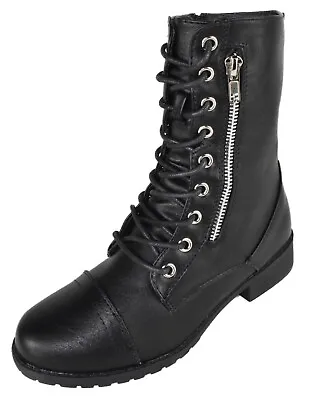 Forever Women Combat Army Style Boots Lace Up Side Zipper Booties JALEN-77 Black • $19.99