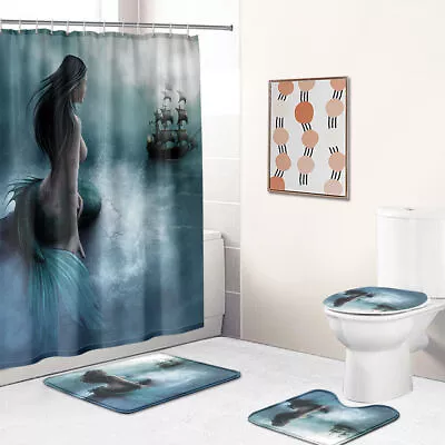 Mermaid Shower Curtain Bathroom Rug Set Thick Bath Mat Non-Slip Toilet Lid Cover • $24.75