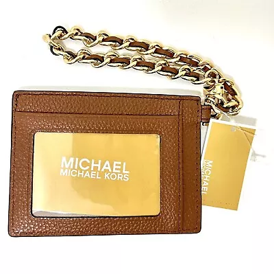 MICHAEL KORS Small Pebbled Leather Chain ID Card Case Luggage Acorn / Gold NWT • $34.99