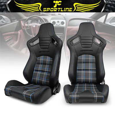 Universal Pair Reclinable Racing Seats Dual Sliders Blue PU Carbon Leather Plaid • $349.99