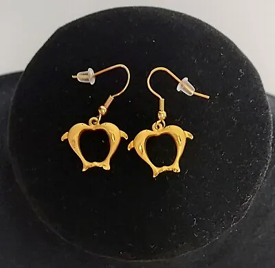 Vintage Kissing Dolphins Dangle Earrings - Hand Etched Dolphins Gold Tone • $5.99