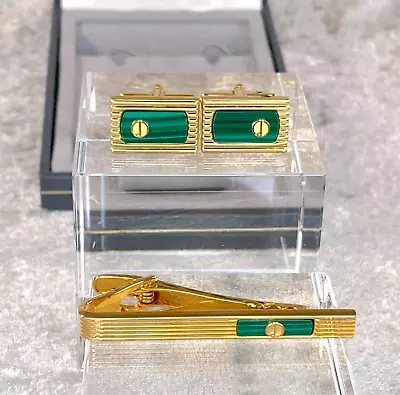 Vintage Dunhill Cufflinks & Tie Bar Clip Green Malachite Gold Finish W/Case • $125