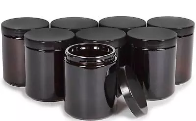  Amber 8 Ounce Round Glass Jars With Black Lids - 8 Pack • $31.16