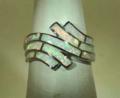 15mm Hawaiian Rhodium 925 Silver Inlaid White Opal Breaking Ocean Wave Ring 5-10 • $25