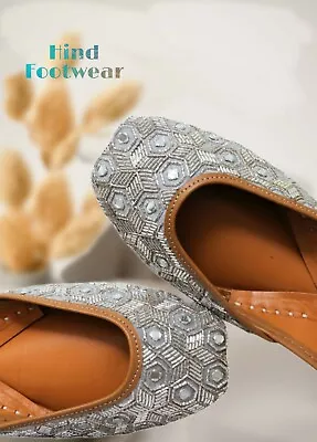 Grey Jutti Mirror Beaded Punjabi Mojari Khussa Flats Slipons Wedding Styles • $39